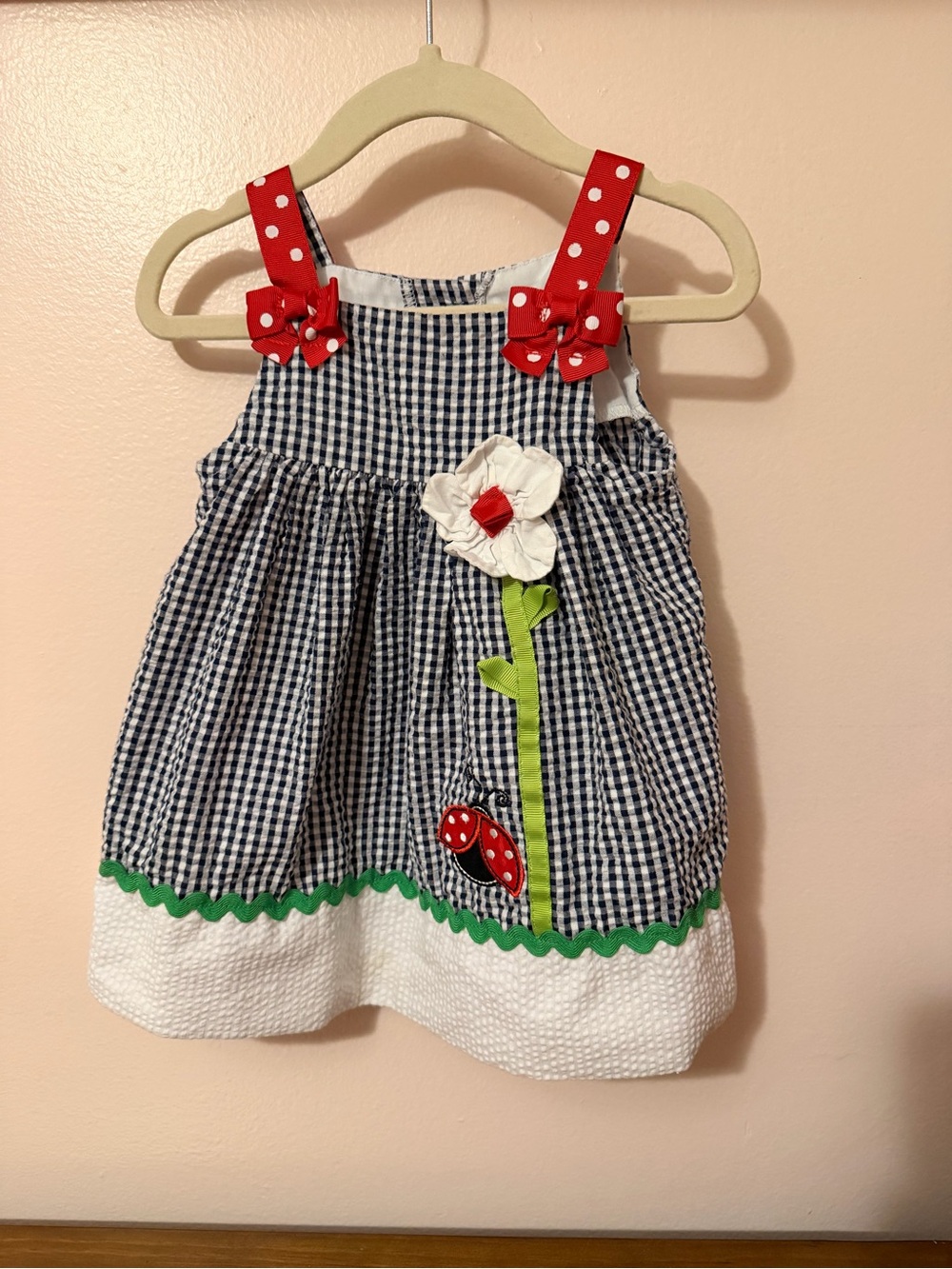 Emily Rose Navy Gingham Dress with Red Polka Dot Straps
